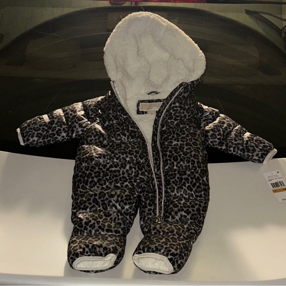 Michael Kors Black and Cream Leopard Print Baby Footie One-Piece Snowsuit
